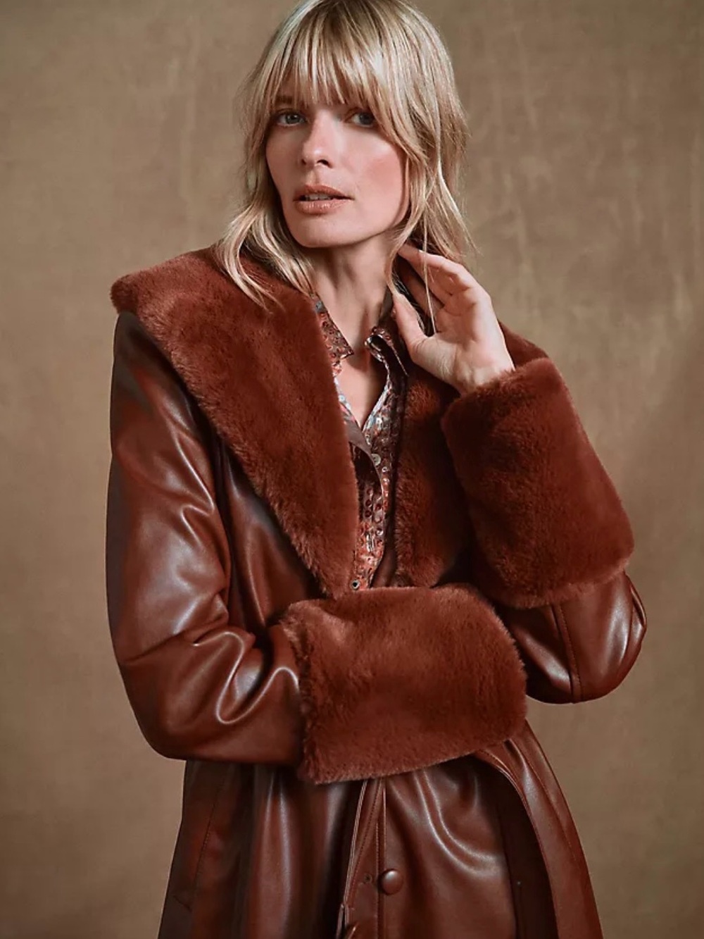 Avec Les Filles Rich Chestnut Faux Leather Jacket with Faux Fur Trim Medium